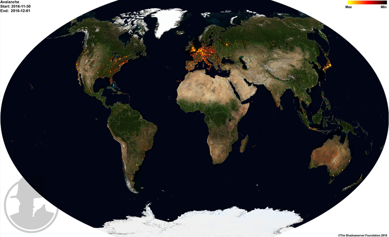 Each red dot represents a sever in the Avalanche network. Source: shadowserver.org via Brian Krebs